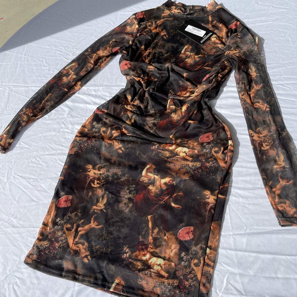 Renaissance print high neck mesh body on dress, purchased but was too big :(